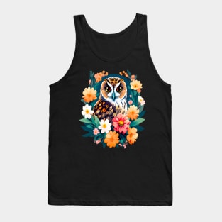 A Cute Short Eared Owl Surrounded by Bold Vibrant Spring Flowers Tank Top